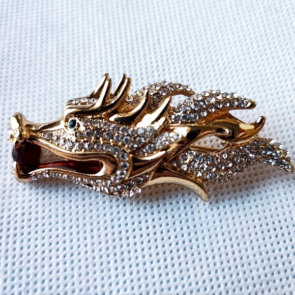 Asian DRAGON Rhinestone Encrusted Brooch Gold Wash Fierce Emerald Stone Eyes - Picture 2 of 12